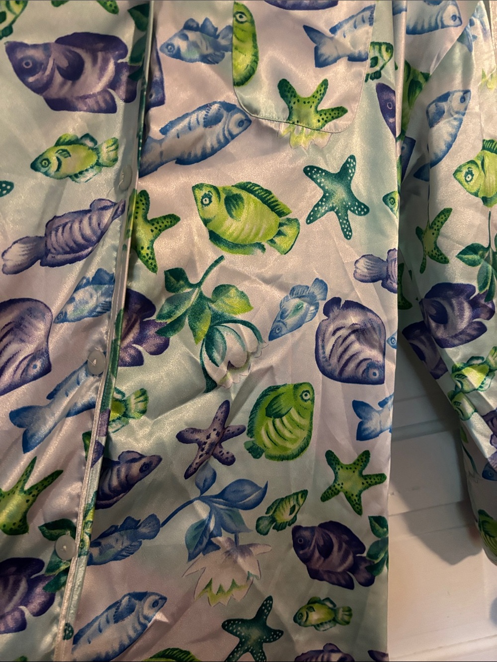Vintage VS Fish Print Pajama Gown - White with Green & Purple - Picture 3 of 4